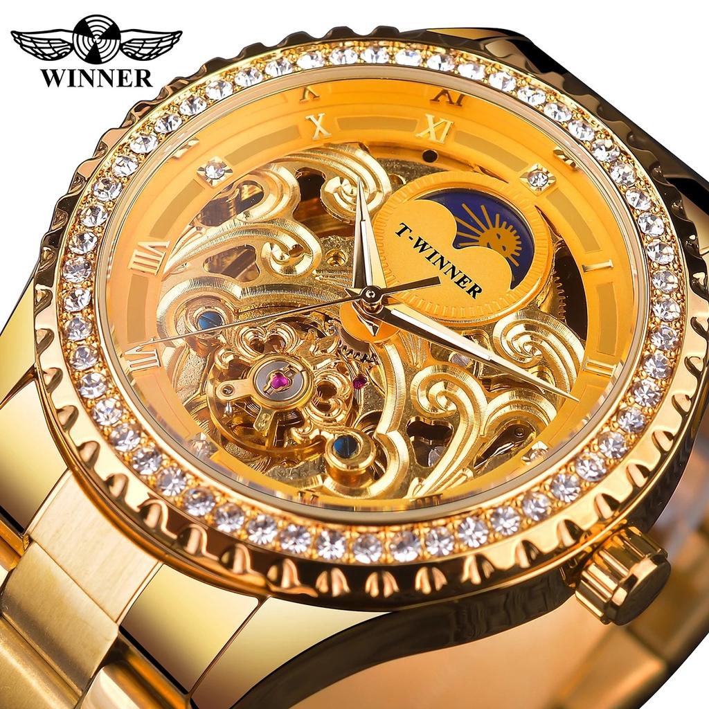 WINNER Men's Fashion Hollow Out Vintage Rhinestone Watch Automatic Mechanical Watch