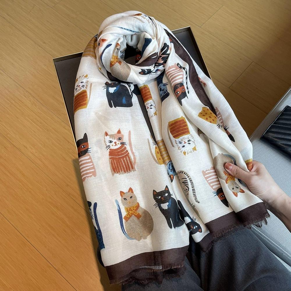Yiran Shoe Industry Women's Autumn Lovely Animal Cat Pattern Cotton Viscose Shawls Lady High Quality Soft Wrap Pashmina Stole Bufandas Muslim Hijab 180*90Cm