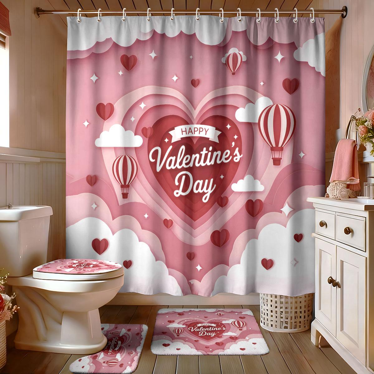 4pcs Valentine s Day Pink Romantic Love Printed Bathroom Set Waterproof Shower Curtain Floor Mat U-shaped Toilet Mat Regular