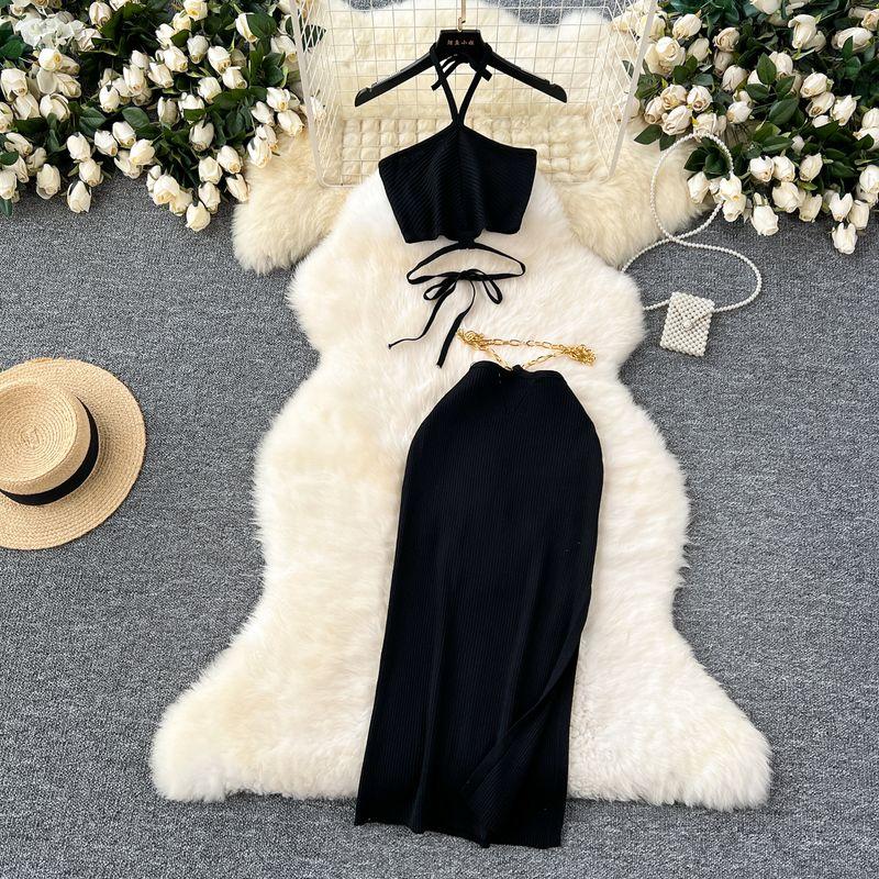 

Pure Desire Sexy Waist Trimming Halter Spaghetti Straps Vest Women s Chain Design Slim-Fit Slit Hip-Wrapped Skirt Knitting Suit Black All yards