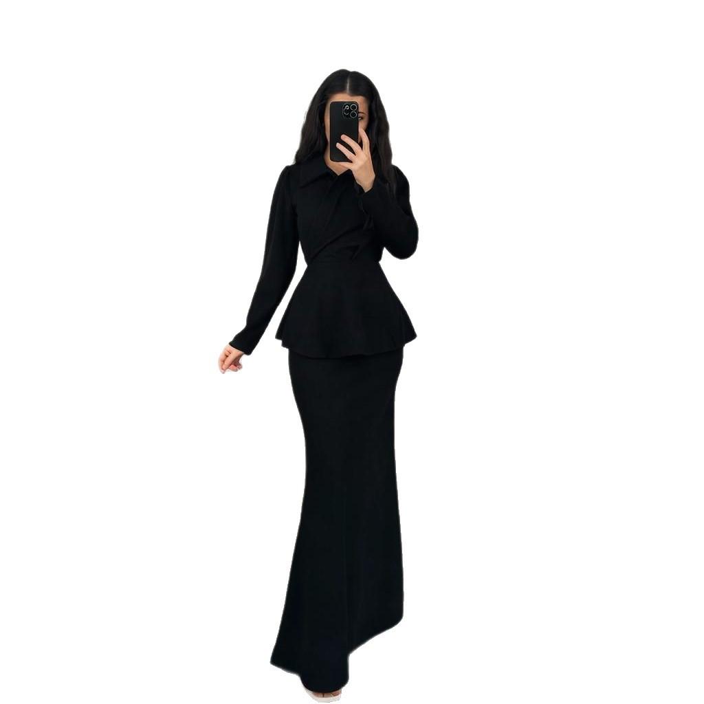 2025 cross-border European and American autumn new lapel temperament commuter top waist hip wrap one step skirt women's clothing