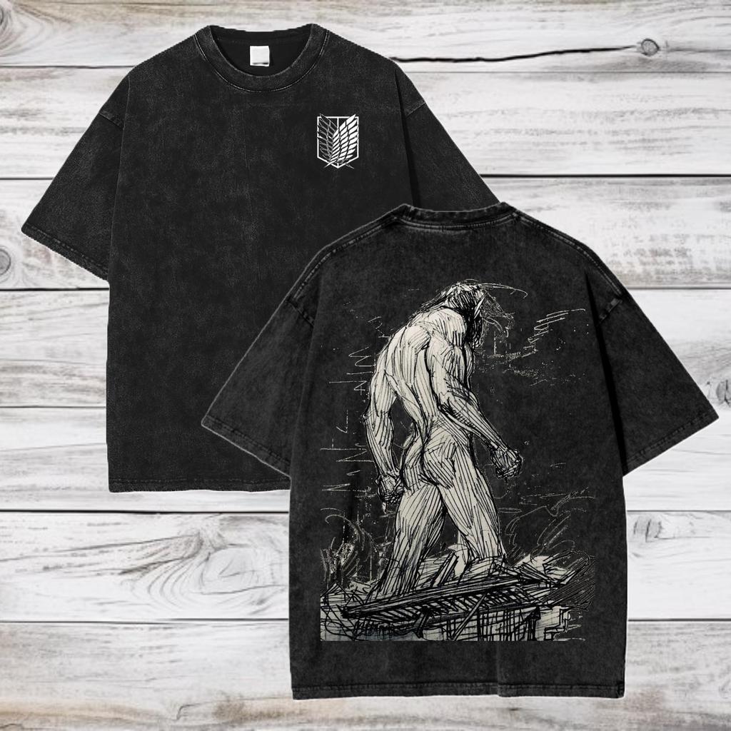 Unisex Anime Attack on Titan Vintage Washed Graphic Print T-shirt Men Women Casual Oversized Streetwear Hip Hop Fashion Summer New Tee