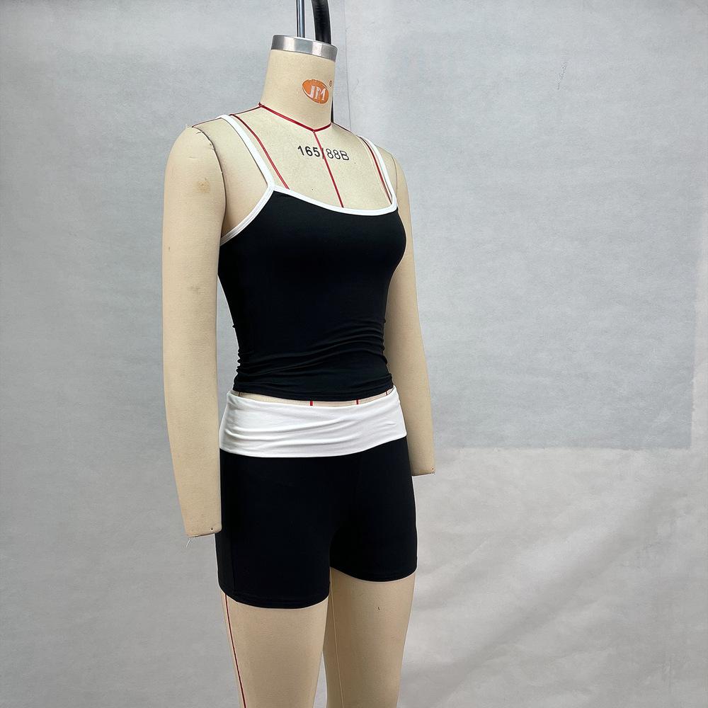 Women's Summer Suspenders Neckline Clashing Top Low Rise Shorts Set