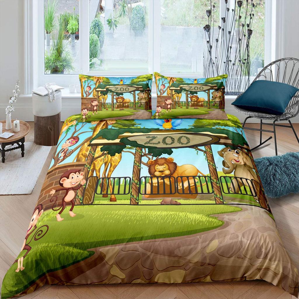 Zoo Theme Duvet Cover Set Animals Pattern Polyester Comforter Cover King Queen Size Cartoon Cute Animals For Kids Bedding Set
