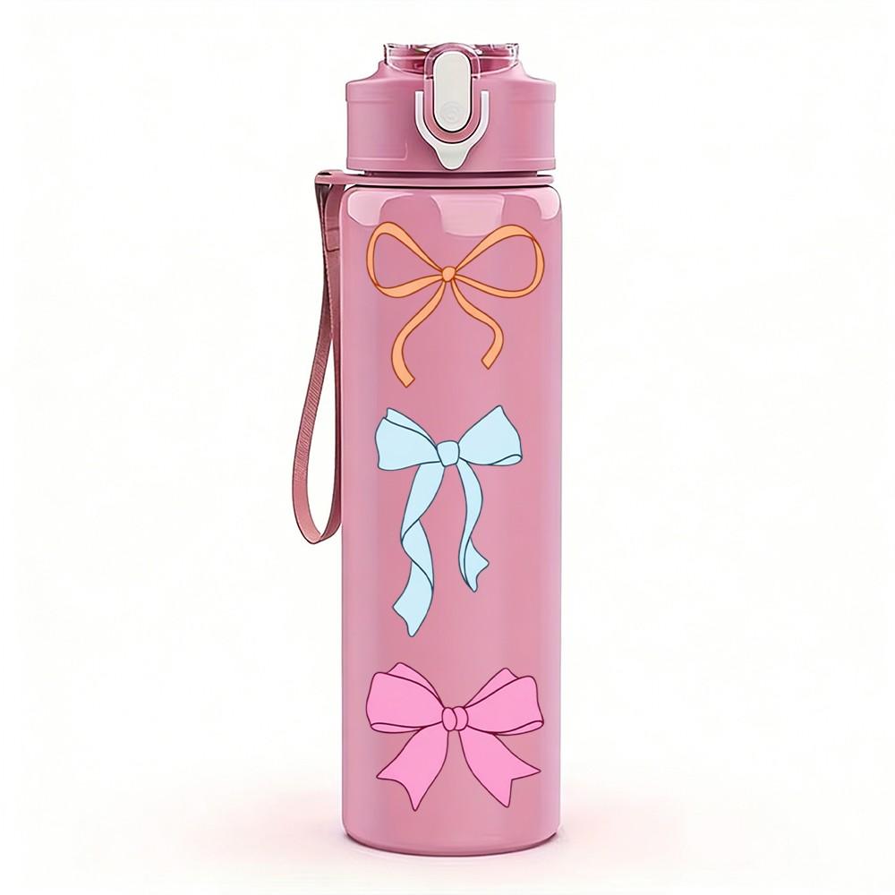 1PC Pastel Bow Ribbon Bowknot Print 750ml Color Plastic Sports Water Bottle Leakproof Flip Straw Lid Suitable for Sports Office Home Use