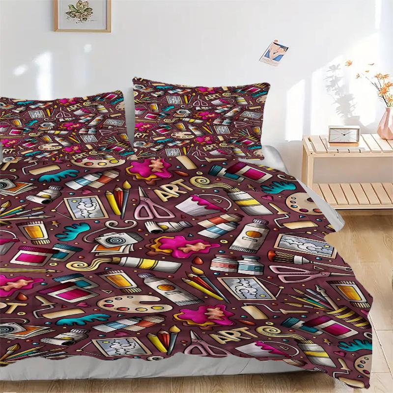 3pcs Anime Cartoon Art Supplies Doodle Bedding Set - Includes One Quilt Cover and Two Pillowcases (No Core) - Polyester Fabric - Home Decor - Holiday