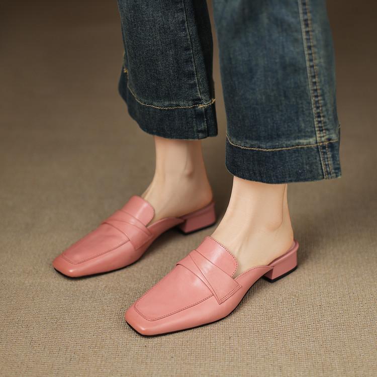 Low-heeled baotou half slippers genuine leather women's summer wear 2025 new Internet celebrity European French Muller cool slippers