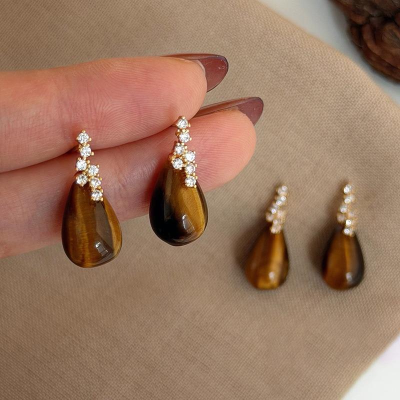 Fantasy Cubic Zirconia Water Drop Natural Stone Tiger Eye Dangle Earrings For Women Real Gold Plated Party Jewelry