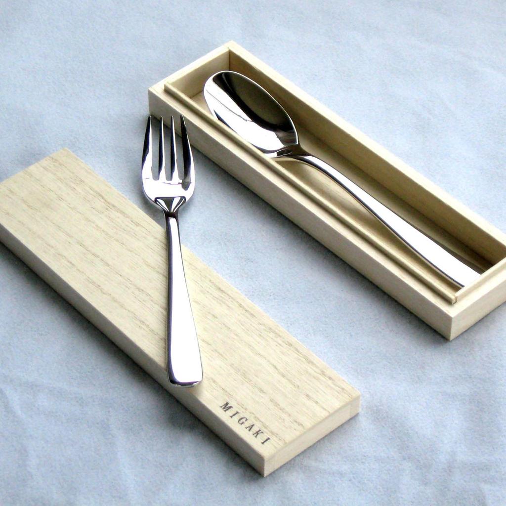 Nagao MIGAKI Curry Spoon Pasta Fork Set Stainless Steel Wooden Box Made in Japan 18-8