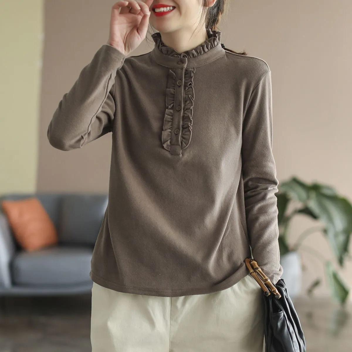 

Немецкий бархат однотонный с чувством дизайна женская осенне-зимняя одежда внутренний топ для прикрытия живота ветрозащитный полуворотник фестончатая кромка базовый XL