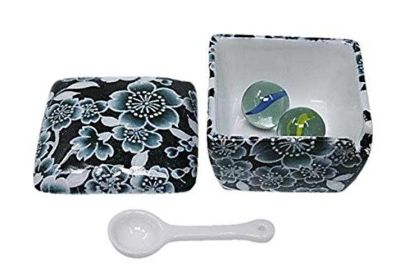 Sakura Yuzen Condiment Made In Spoon Condiment Container with Commercial ACS WEB Mino Ware (Black) Container, Japan, Ceramic, Included, Ichimi, Salt,