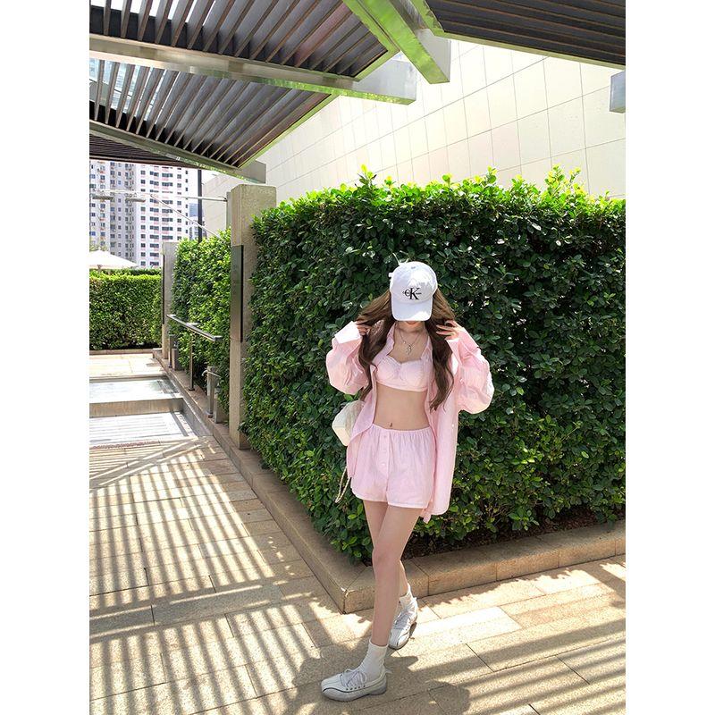 Kumikumi Sexy Style Loose Long Sleeves Shirt Underwear Spaghetti-Strap Slip Women's Autumn Slimming Loose Pants Three-Piece Set