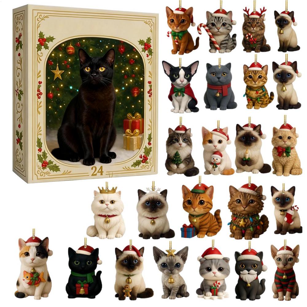 2025 Christmas Advent Calendar 24 Days Cat Pendants 2D Acrylic Hanging Ornaments for Cat Lovers Home Christmas Tree Decorations