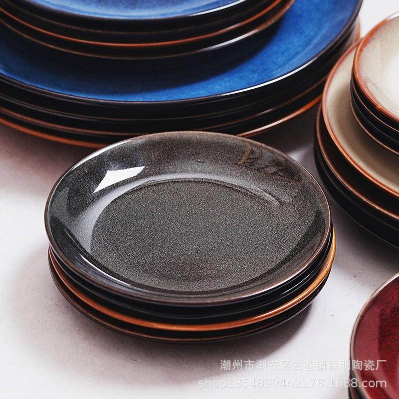 Japanese Retro Glazed Ceramic Round Dinner Plate Set Breakfast Salad Steak Dessert Microwave Safe Multiple Sizes Colors