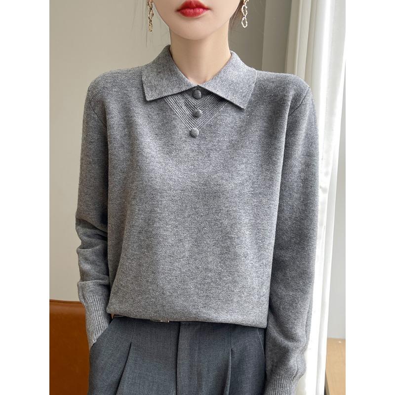 Age-reducing Lapel-neck Knitted Sweater Women's Long-sleeved Loose Early Autumn Bottoming Shirt Top Button-embellished PO Collar Inner Sweater