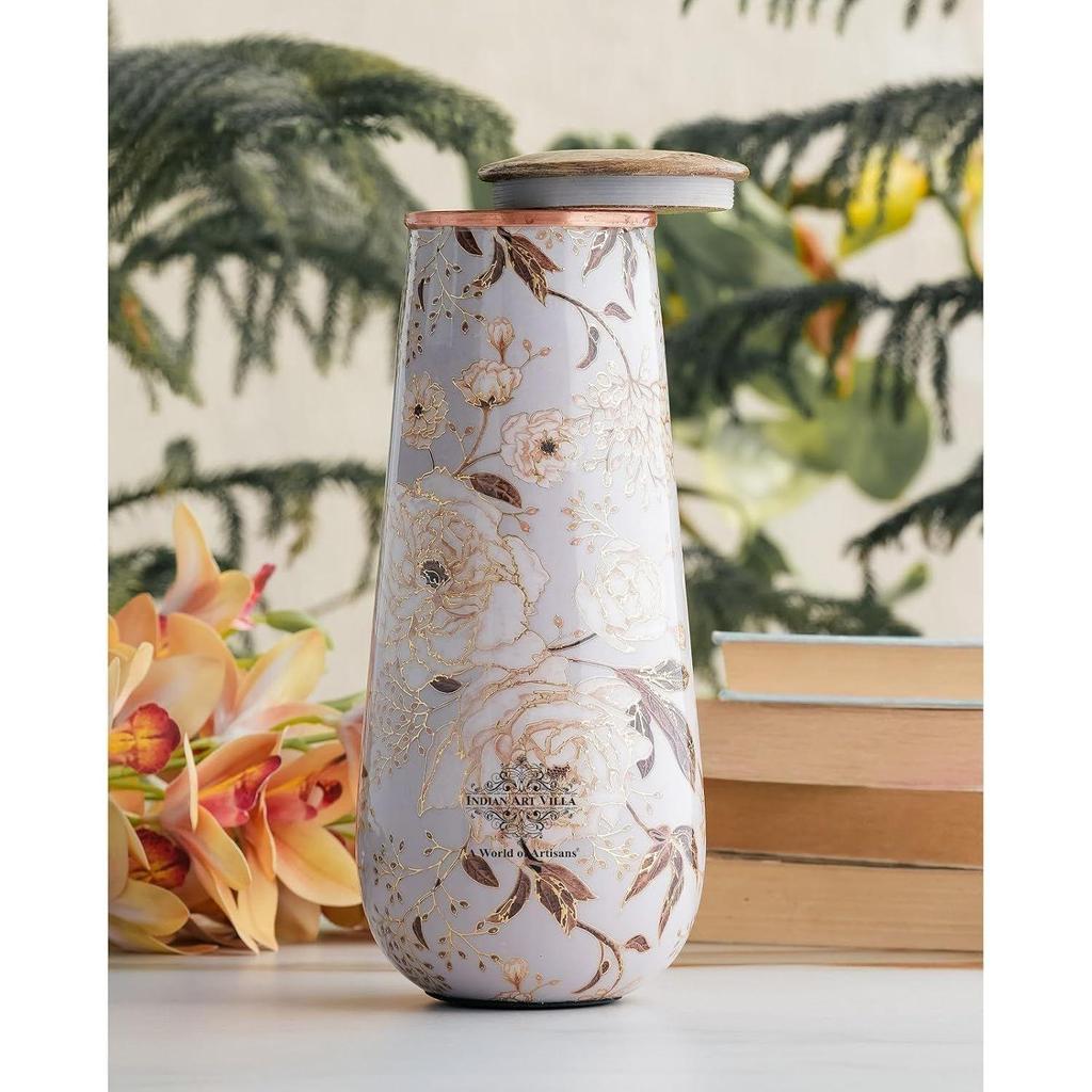 Copper Gold Printed Bottle with Wooden Lid – 1300 ML, Elegant Floral Design Copper Water Bottle for Daily Use, Home Décor, and Gifting