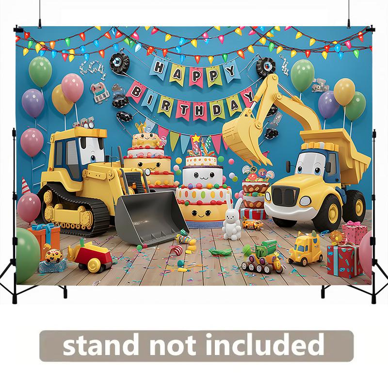 Party-Hintergrund BauLKW Gelber Bagger Luftballons Kuchen Verspielte Foto-Booth-Deko Geburtstagsparty-Deko