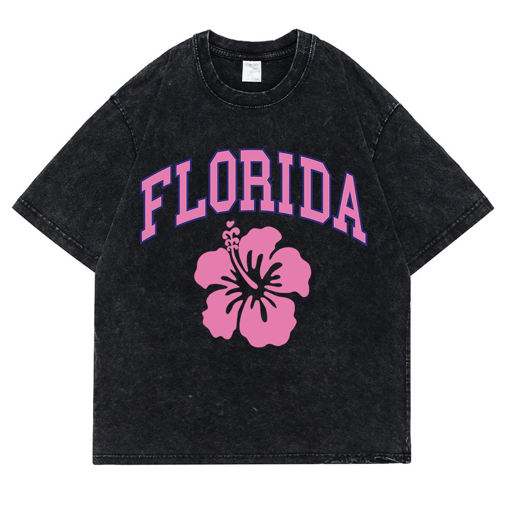 Florida Letter Simple Pattern Washed Retro Snow T Shirts Men Oversized Clothes Cotton Tops Casual Tee Loose Short Sleeve