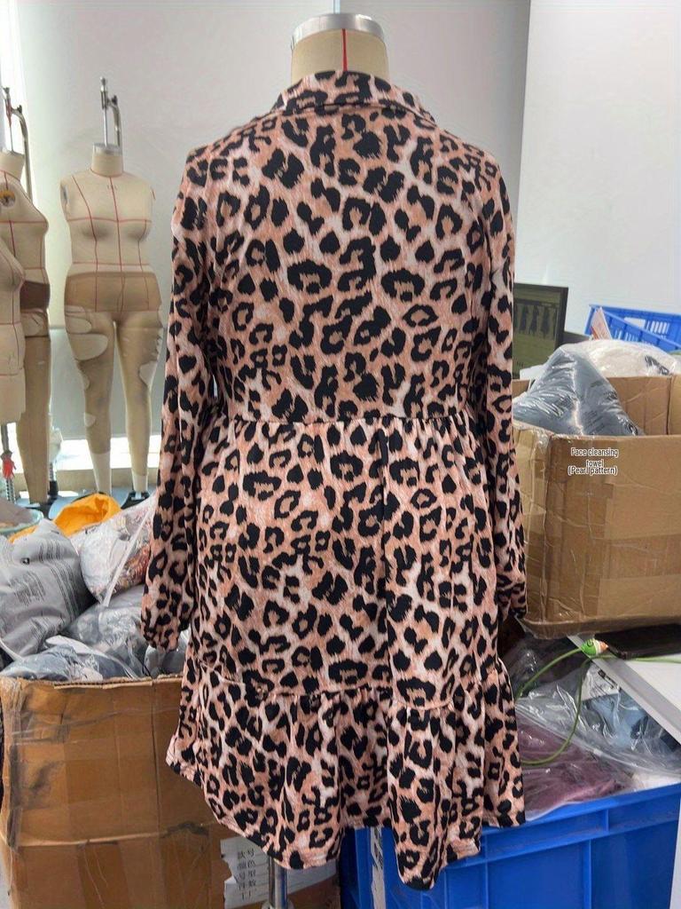 Robe longue à manches longues et col en V grande taille imprimé léopard Euro-Américain 2025