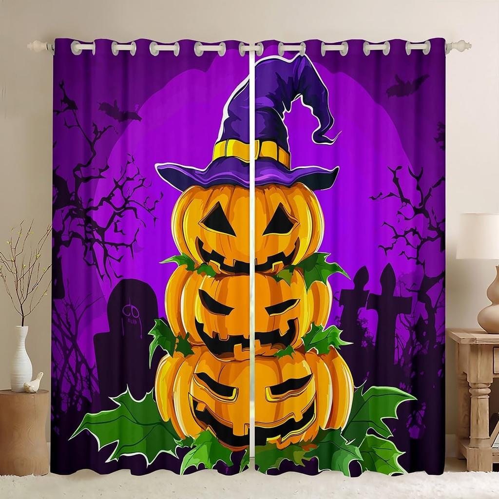 Happy Halloween Curtain Pumpkin Curtains Trick Treat Gothic Night Drapes Horror Cartoon Window Room Darkening Made Of Polyester