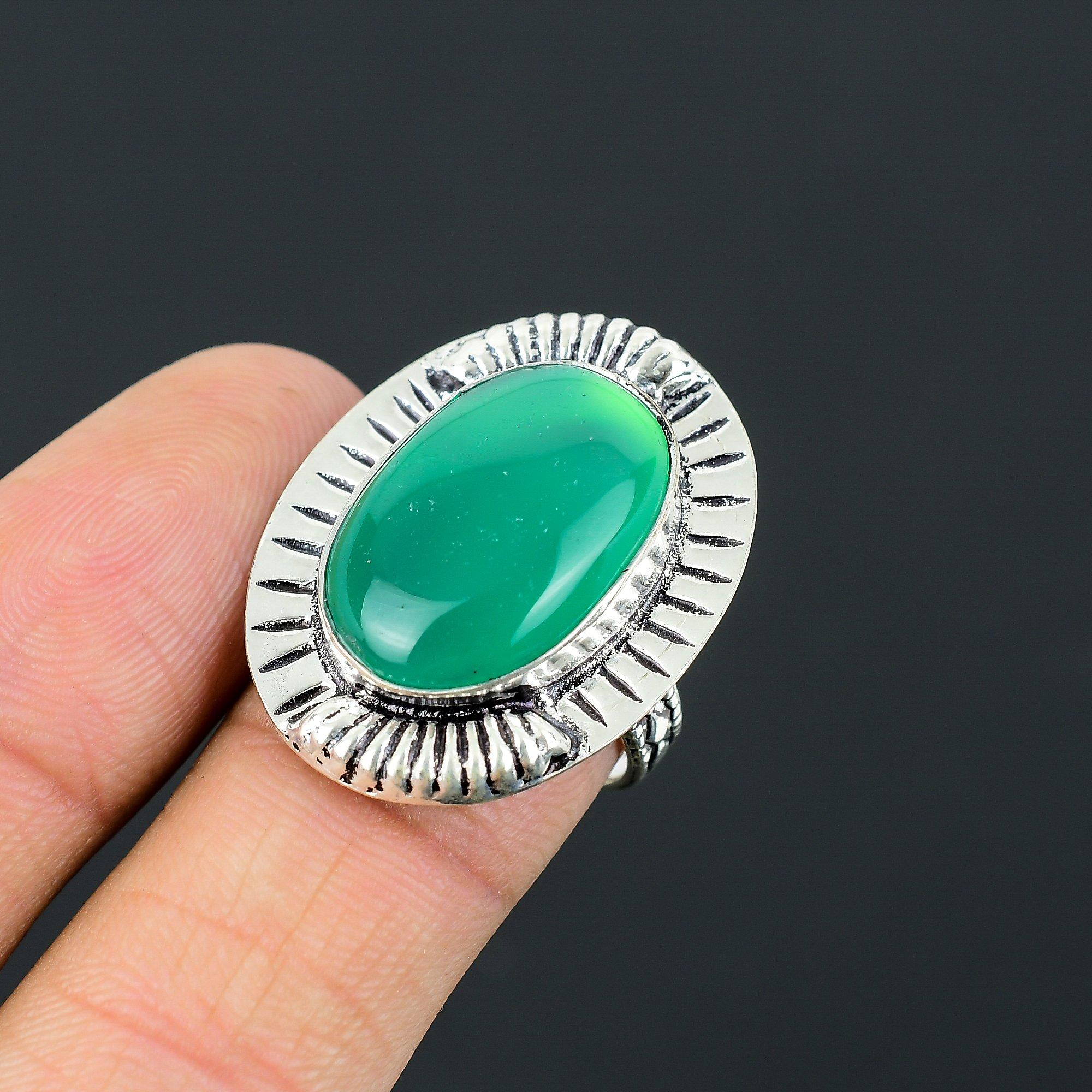 

Oval Green Onyx Gemstone 925 Silver Boho Solitaire Statement Ring Jewelry US 8.5 8.5