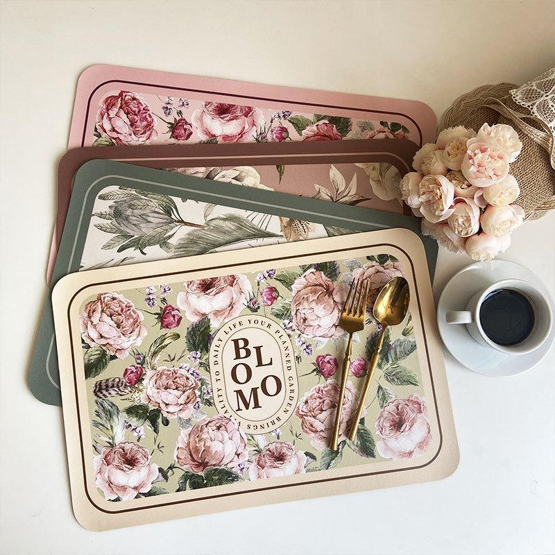 Floral PU Leather Placemat Waterproof Heat-Resistant Dining Table Mat Oil-Proof Decorative Table Pad for Home & Kitchen