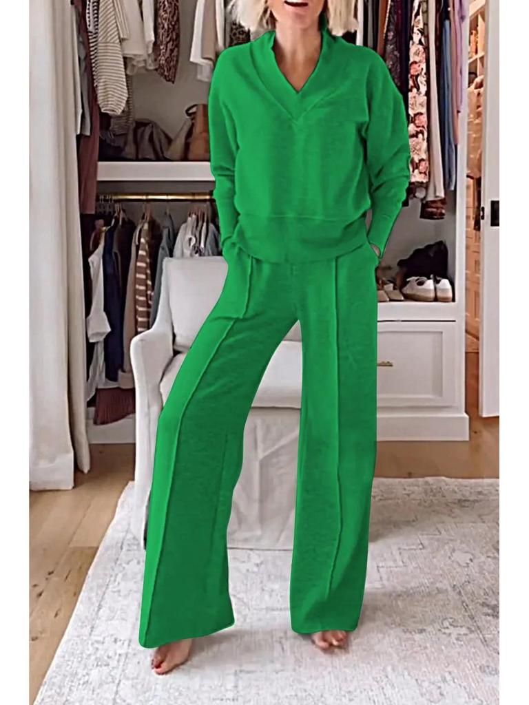 2024 Fall V-Neck Long Sleeve Top & Wide Leg Pants Set
