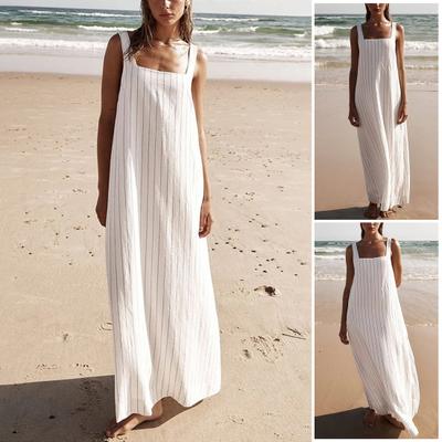 Letnia damska sukienka letnia z kwadratowym dekoltem, bez rękawów, w paski, luźna linia A, do kostek, plażowa sukienka Maxi, odzież na co dzień, do pracy, randkowa sukienka Maxi