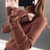 Women Autumn Casual Knitted Pullover Sweater Top Pile Collar Turtleneck Full Sleeve Button Thin Slim Inner Solid Color