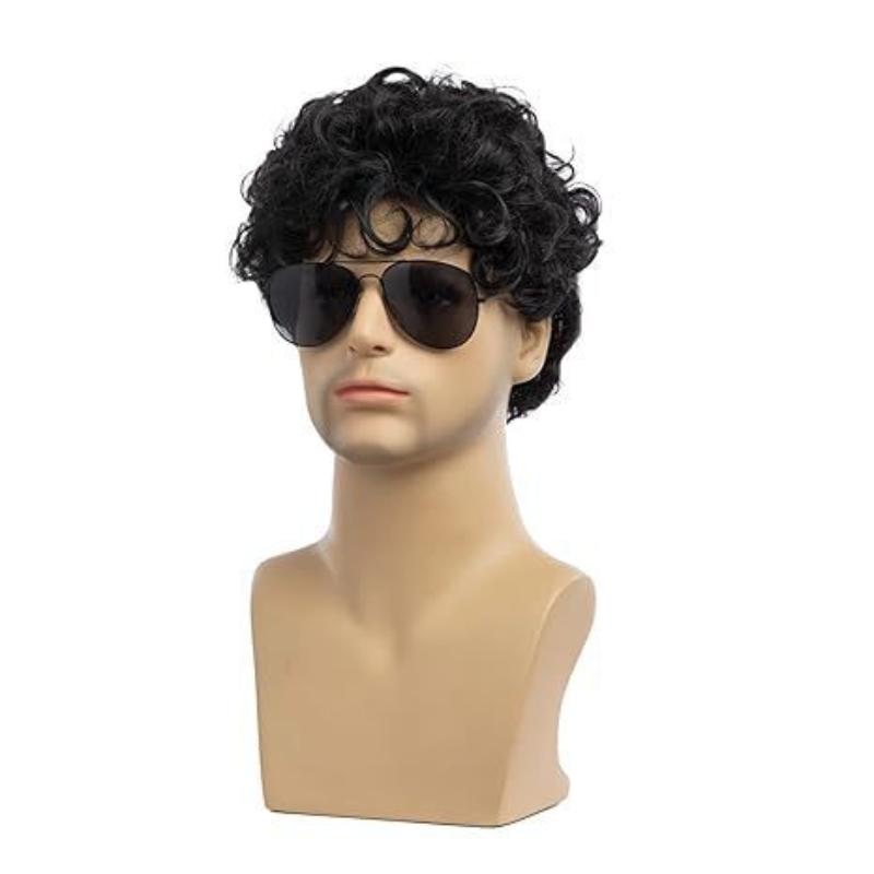 Men Synthetic Short Black Wigs with Bangs for Man Curly Hair Fluffy Daily Cosplay Hair Heat Resistant Breathable Male Wig