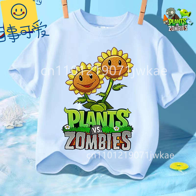 Mode Street Style 3-12J Sommer Rundhals T-Shirt für Jungen Mädchen Lässig Tägliche Kleidung Plants Vs Zombies Niedlich Kawaii Cartoon