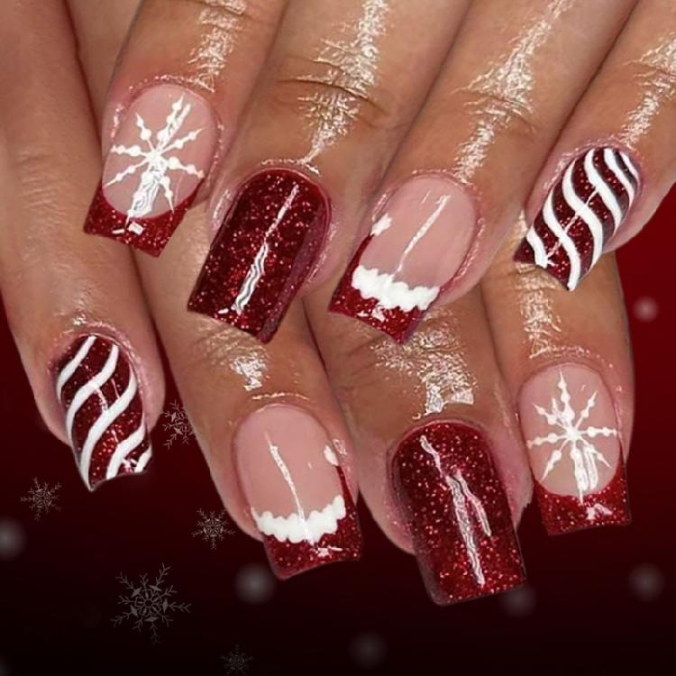 

24Pieces Press On Nail Festival Glitters Christmas French Tip Stripes Design Easy Application Lightweight ABS Build 1