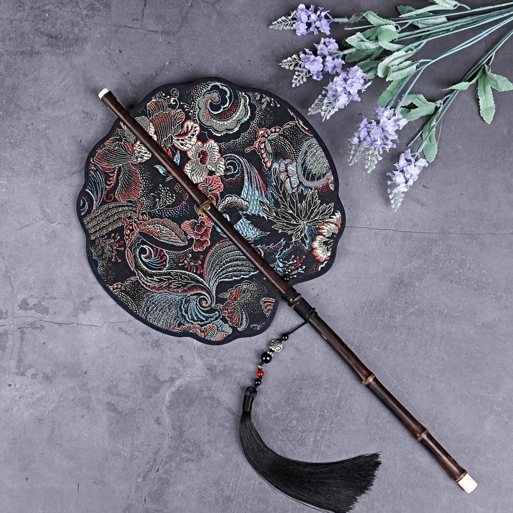 Chinese Ancient Style Black Bamboo Waist Fan Han Dynasty Circular Fan Chinese Style Long Handle Tassel Curling Folding Fan Classical Portable Wrist