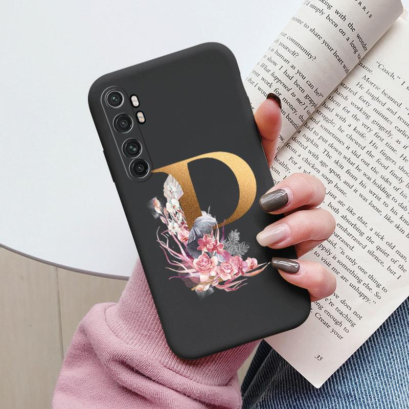 Letter Case For Xiaomi Mi Note 10 Lite Back Cover Retro Flowers Pink Black Soft TPU Initial Fundas For Xiaomi Note10 Lite Coque