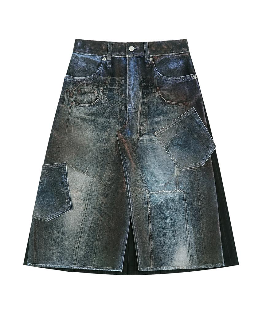 Andersson Bell Illusion Patchwork Trompe Loeil Pleated Skirt (Blue/Black)