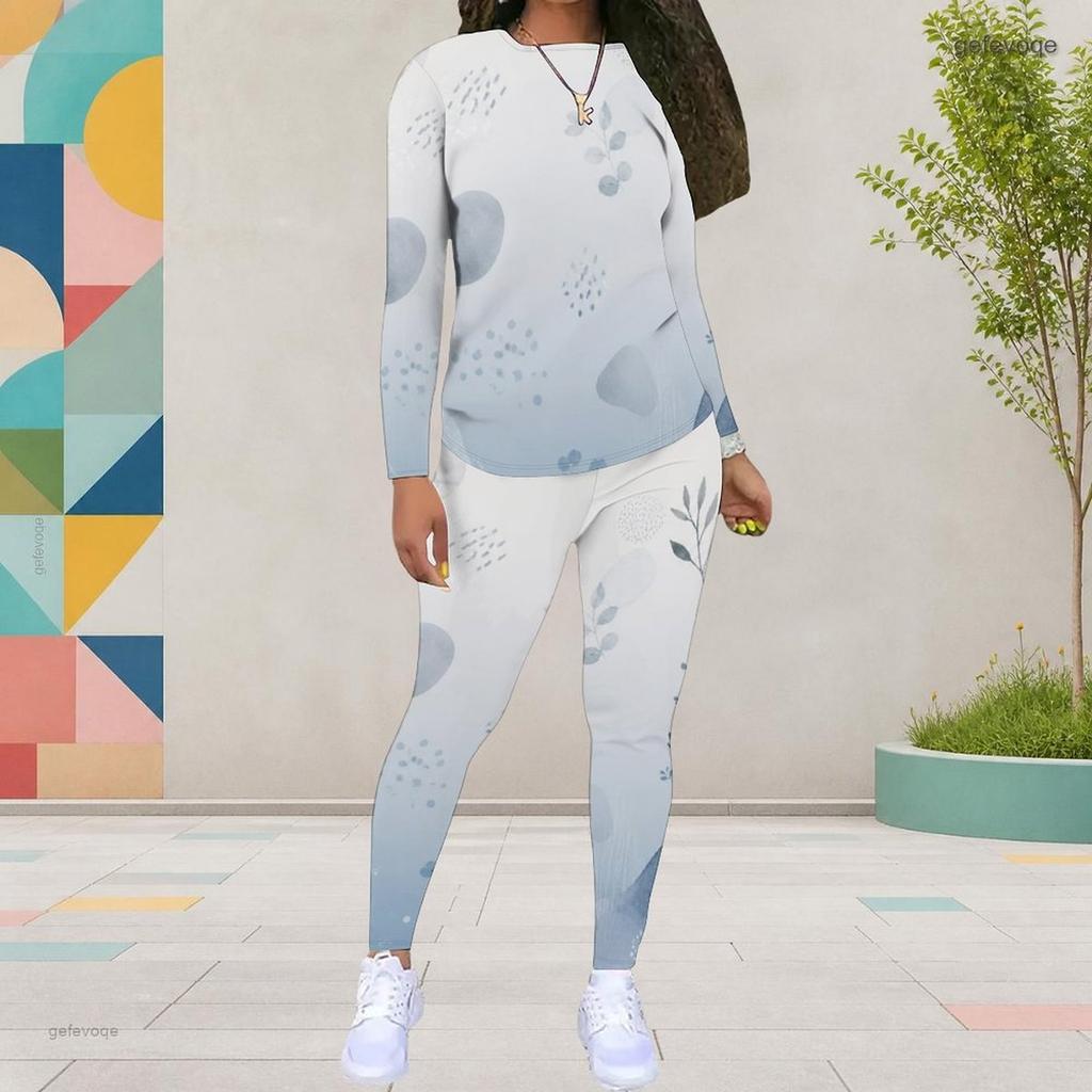 Women Plus Size Black Burgundy Printed Two Piece Set Round Neck Long Sleeve Top And Fitted Pants