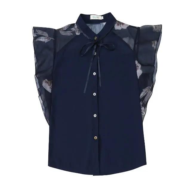 

Женская летняя шифоновая блузка с французским темпераментом и оборками, топ без рукавов с бантом XXS синий