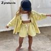 Spring/Summer Girls Cotton Linen Long Sleeve Round Collar Shirt Set + Shorts Kids 2-Piece Outfit