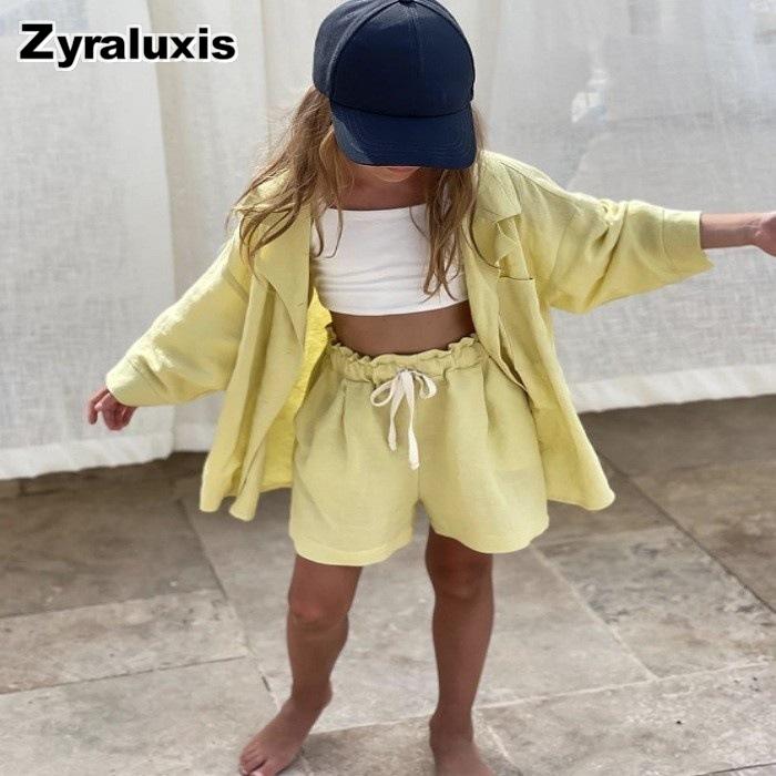 Spring/Summer Girls Cotton Linen Long Sleeve Round Collar Shirt Set + Shorts Kids 2-Piece Outfit