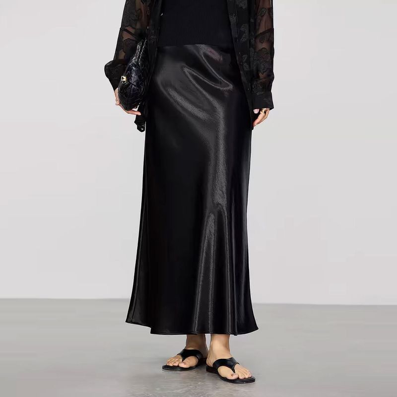 25 Spring and Summer New Vertical and Smooth Silky Glossy Satin Slimming Oblique Cutting A Word Sheath Fishtail Skirt Women