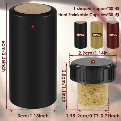 60 Pezzi Tappo Sigillante per Vino in Legno a Forma di T, Tappi Termoretraibili in PVC, Tappo Riapribile per Bottiglie di Vino, Champagne