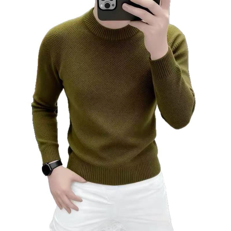 Men's Solid Color Round Neck Wool Knit Sweater - Versatile and Trendy Pullover