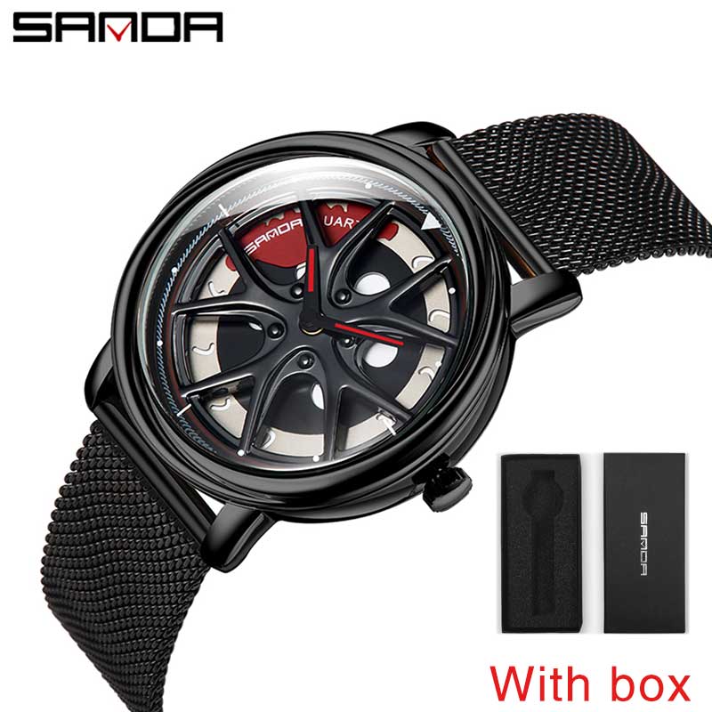 SANDA Top Men Quartz Watches Sports Car Watch Waterproof Sport 360℃ Rotating Rim Hub Wheel Wristwatch Car Quartz Men's Watches