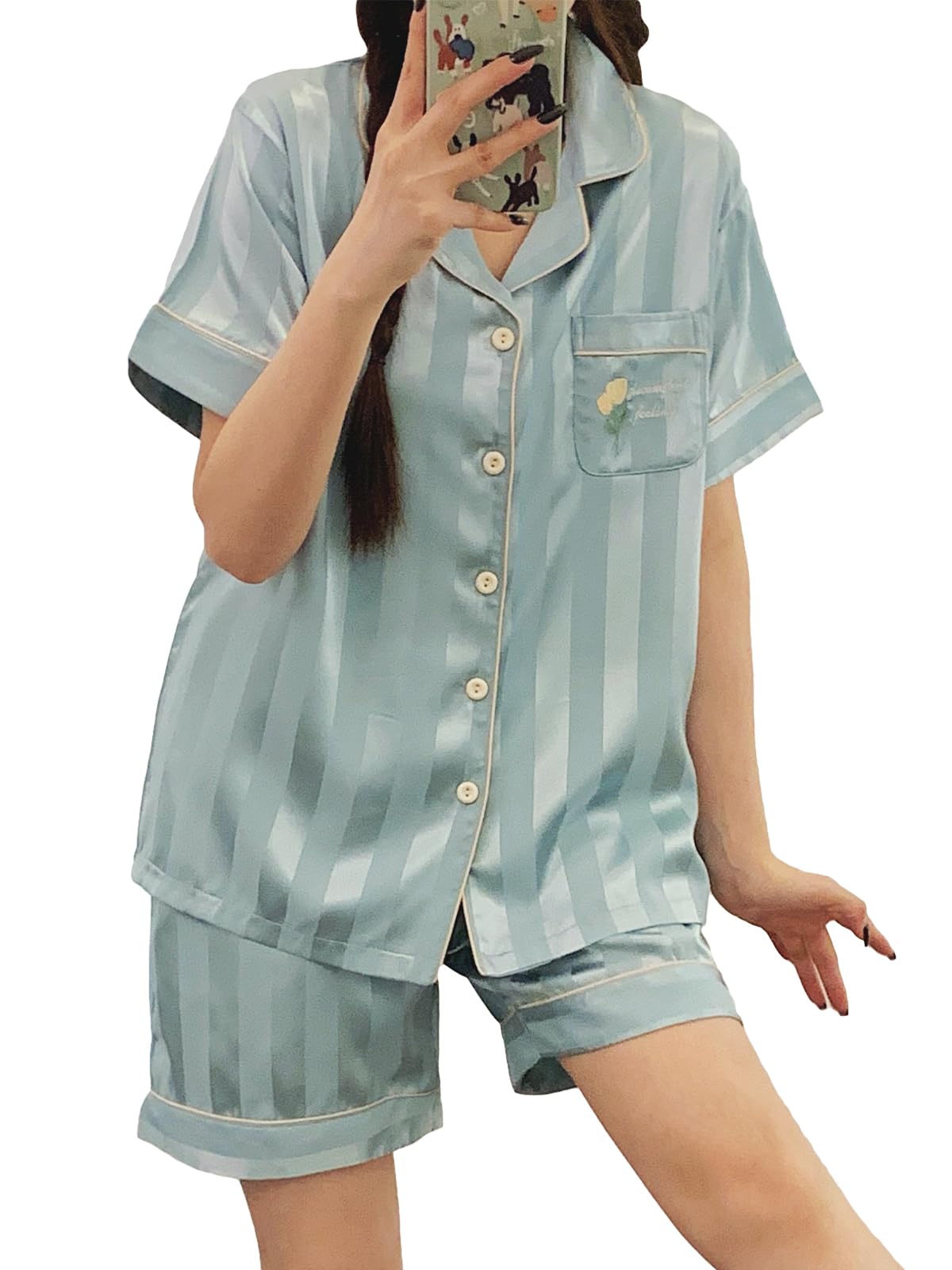 

summer open short short top and bottom ice cute pajama set [PHOLEEY] Women s pajamas, loungewear, wear, front, sleeves, pants, set, silk,