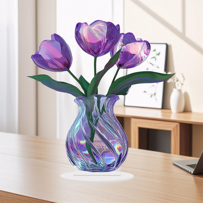 2D 8in Acrylic Purple Vase Three Tulips Colour Printing Environmental Protection Waterproofing Home Garden Farm Decor Gift