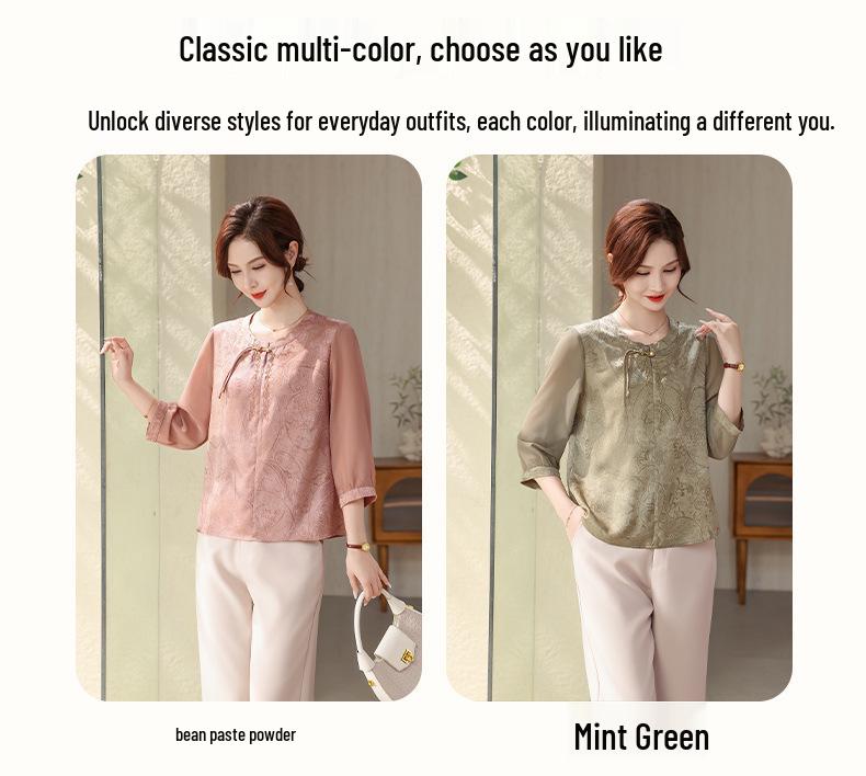 Stylish Summer Printed Top with Three-Quarter Sleeves for Middle-Aged and Elderly Women