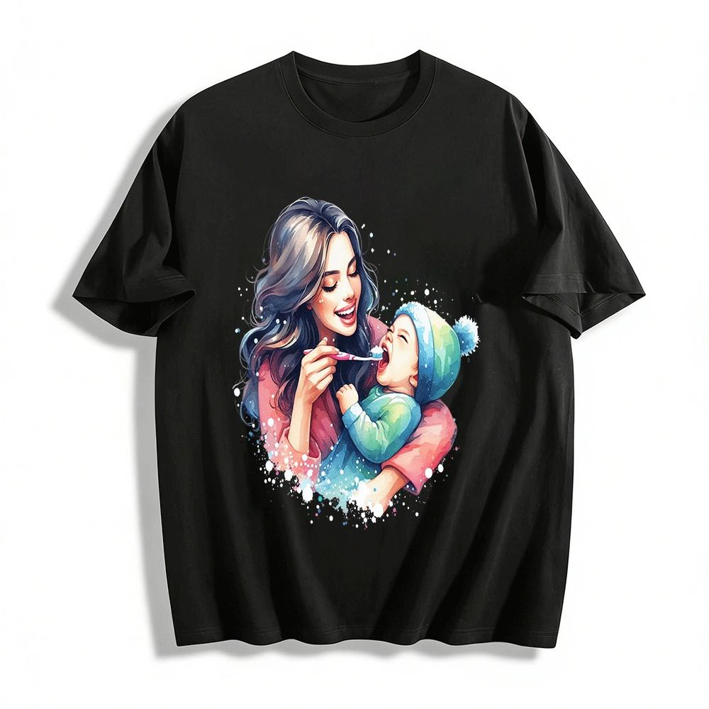 Warm Parent-child Tooth-brushing Print Casual T-shirt Pure cotton T-shirt XXS