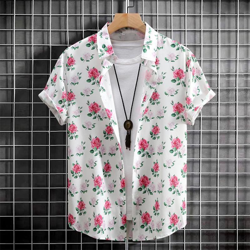 Flower Plants Print Men's Short-sleeved Shirt 3D Print Single-breasted Shirt Fashion Summer Casual Vacation Button Down Blouse