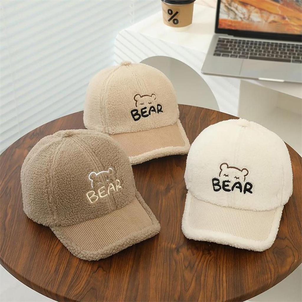 Cute Bear Embroidered Kids Baseball Cap Autumn Winter Lamb Fleece Baby Boy Girl Duck Tongue Caps For Children Warm Peaked Hat