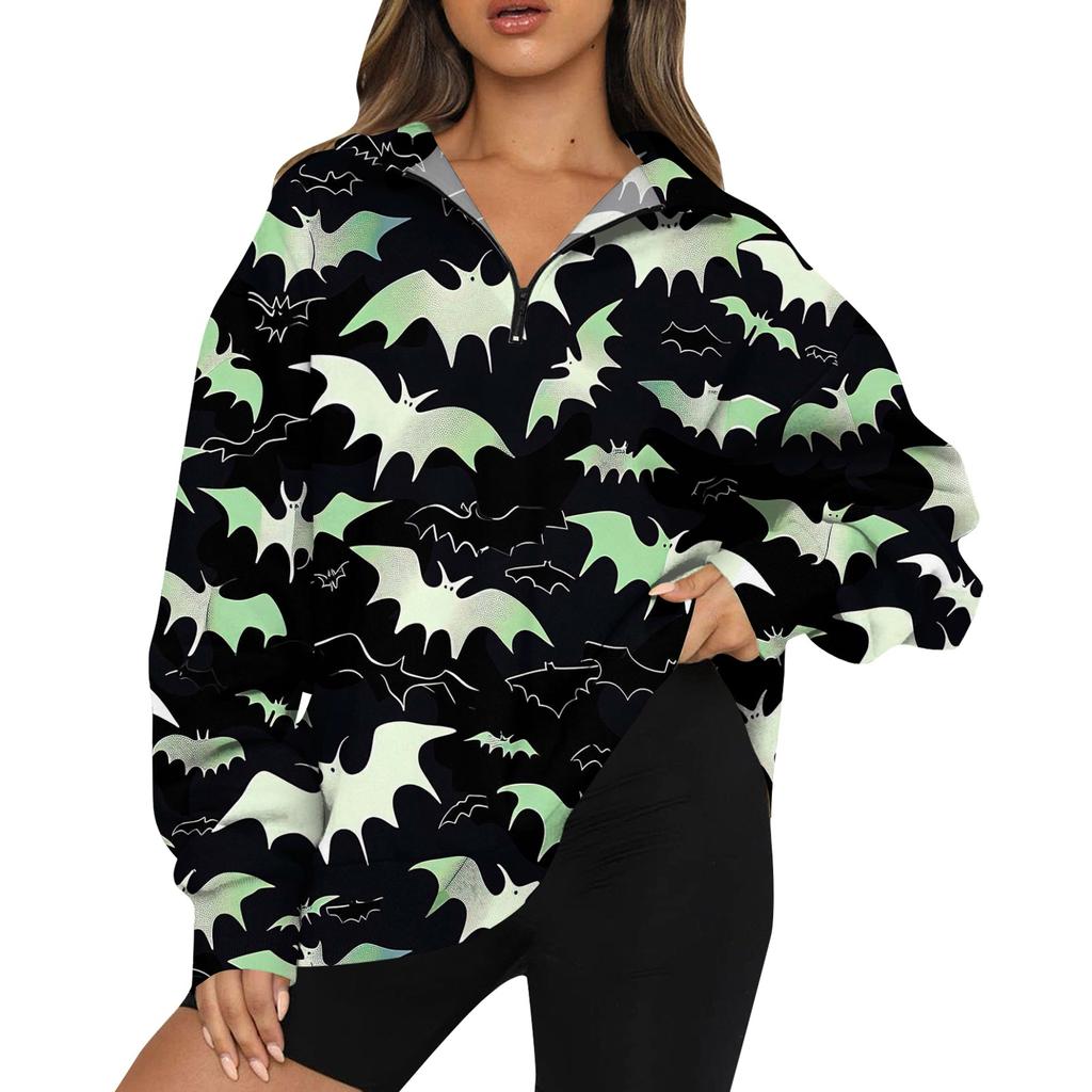 Women's Casual Fashion Long Sleeve  Print Oversize Zip Sweatshirt Top